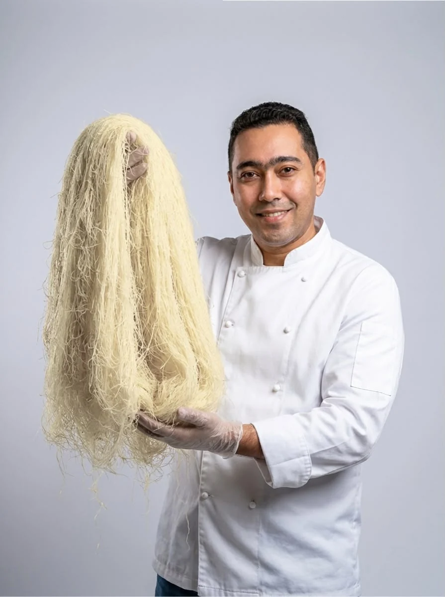 The Spice Guy memegang seikat helai kunafa segar hasil produksi hari itu