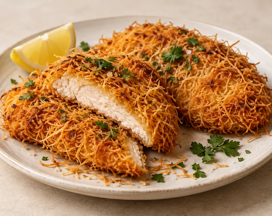 Chicken schnitzel realistis berlapis helai kunafa renyah