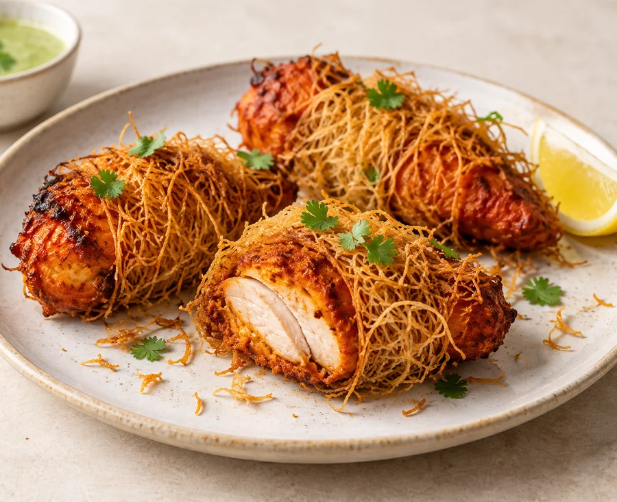 Ayam tandoori realistis berbalut helai kunafa