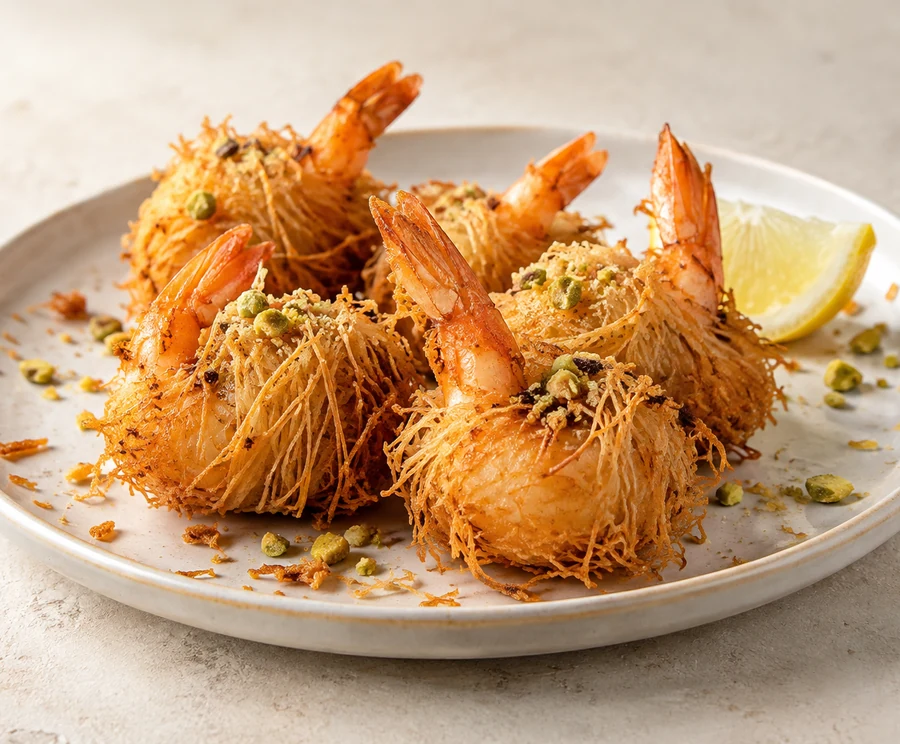 Udang rambutan realistis berbalut helai kunafa renyah